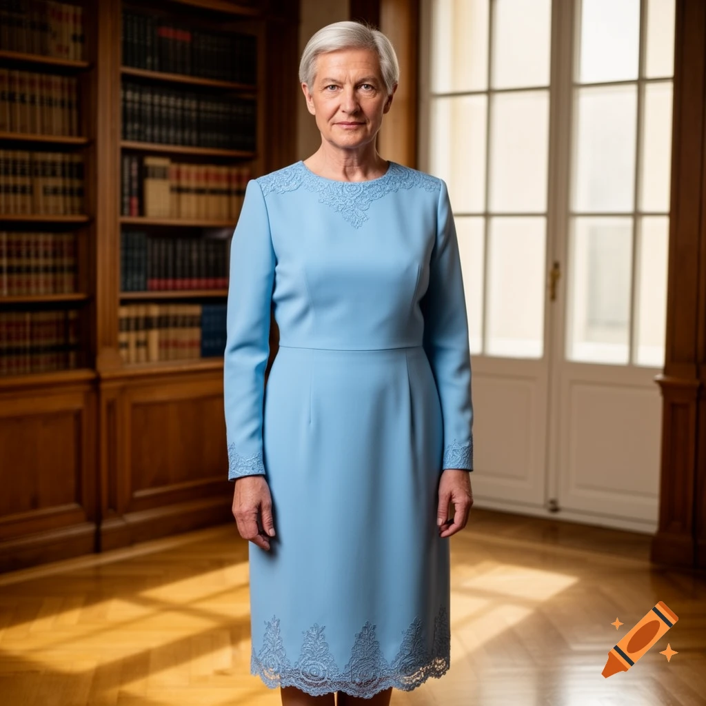 Photorealistic full-body portrait of a woman with short gray hair wearing a light blue formal dress with lace details, standing in a library.
