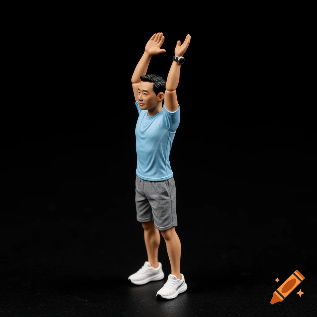 Photorealistic miniature of an Asian man stretching, arms raised, wearing a blue t-shirt, grey shorts, white shoes, and a sports watch, on a black background.