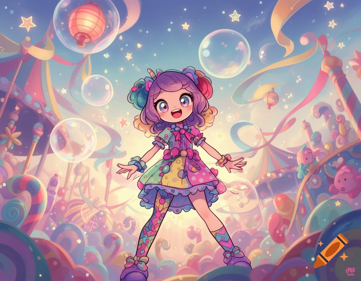 A happy, colorful anime girl with purple hair stands in a whimsical candy land, surrounded by bubbles and stars.