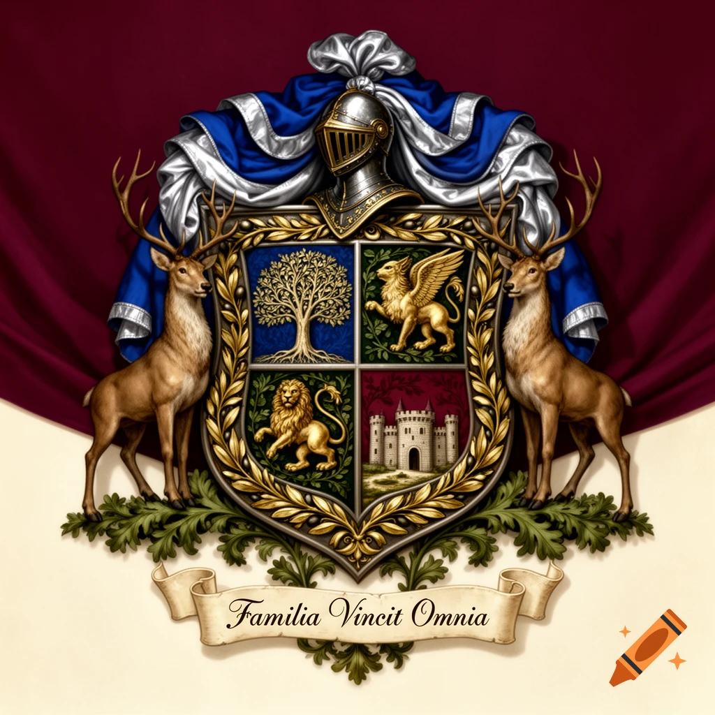 A detailed family coat of arms with a shield, deer, knight's helmet, and a banner reading 'Familia Vincit Omnia'.