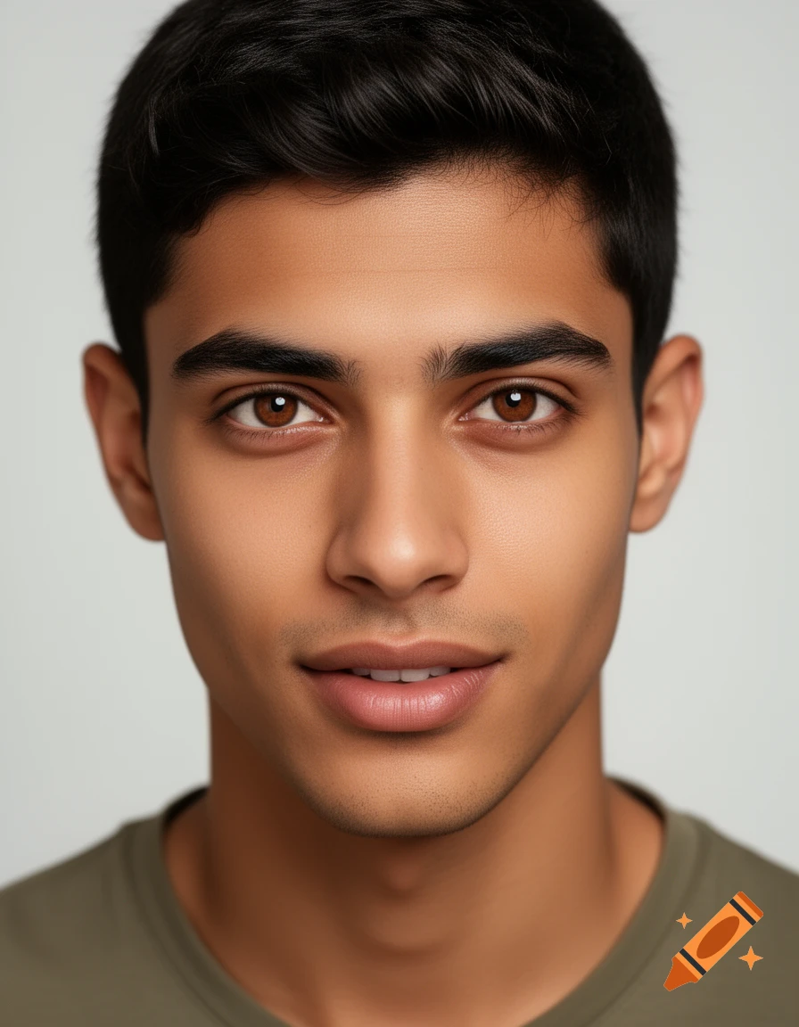 Close-up, photorealistic portrait of a young man with dark hair, brown eyes, and slightly parted lips, against a light background.