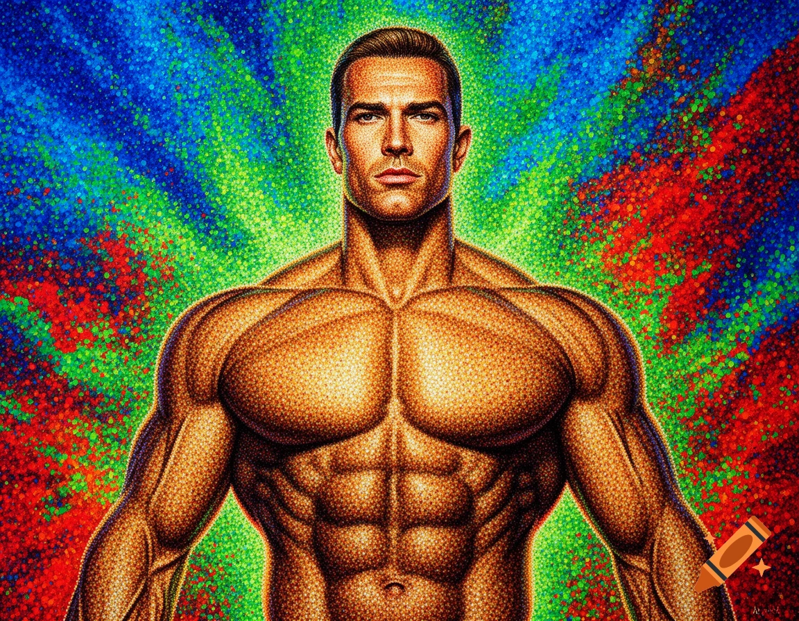 Pointillism portrait of a muscular man, often called "Gigachad," with a vibrant blue, green, and red background.