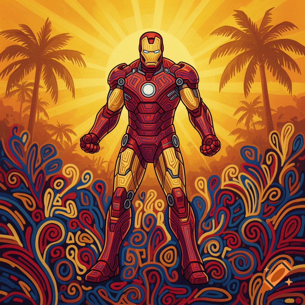 Iron Man stands heroically against a tropical sunset with palm trees, depicted in a colorful, stylized Panamanian mola design.