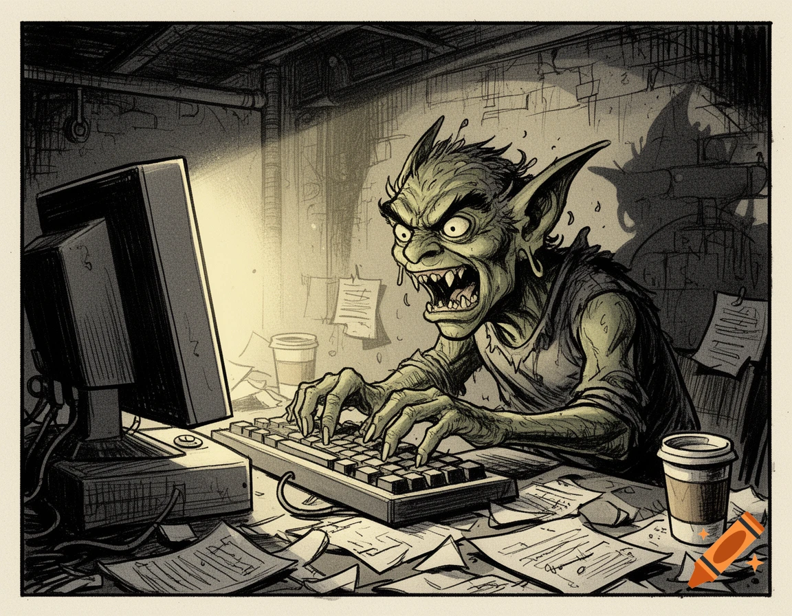 A maniacal green goblin with sharp teeth and pointed ears types aggressively at an old computer, surrounded by messy papers and coffee cups, in a newspaper comic strip style sketch.