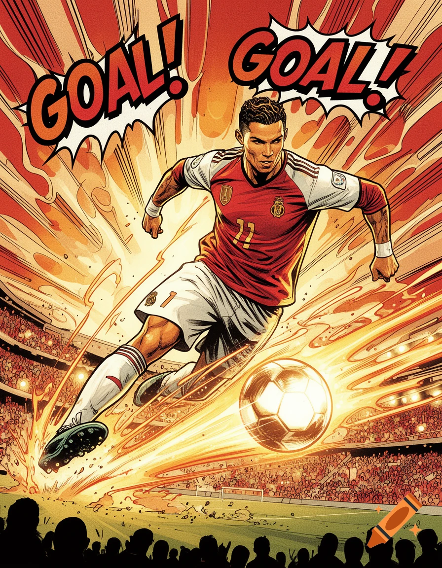 A dynamic comic book style illustration shows soccer player Ronaldo scoring a goal, with "GOAL!" exclamations above.