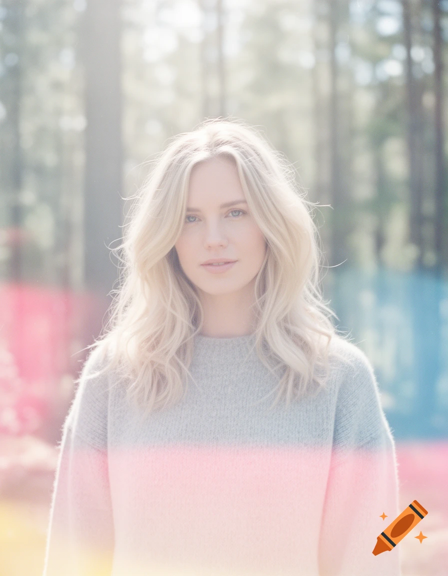 Blonde woman in a grey and pink sweater stands in a soft-focus forest with colorful light leaks.