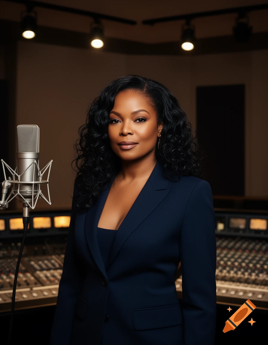 A photorealistic portrait of a woman with dark curly hair in a navy blazer, standing confidently in a recording studio with a microphone and mixing console.