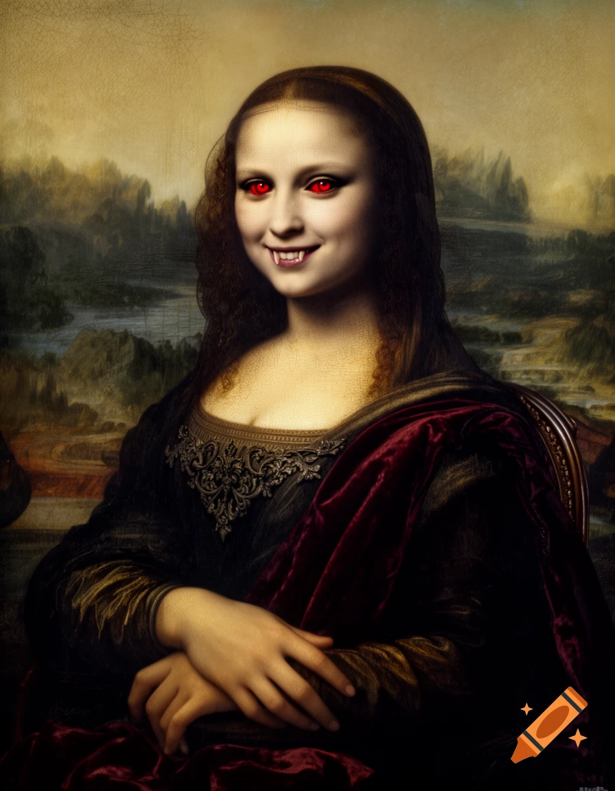 Vampire Mona Lisa portrait with red eyes and fangs, set against a classic landscape background in the style of the original painting.