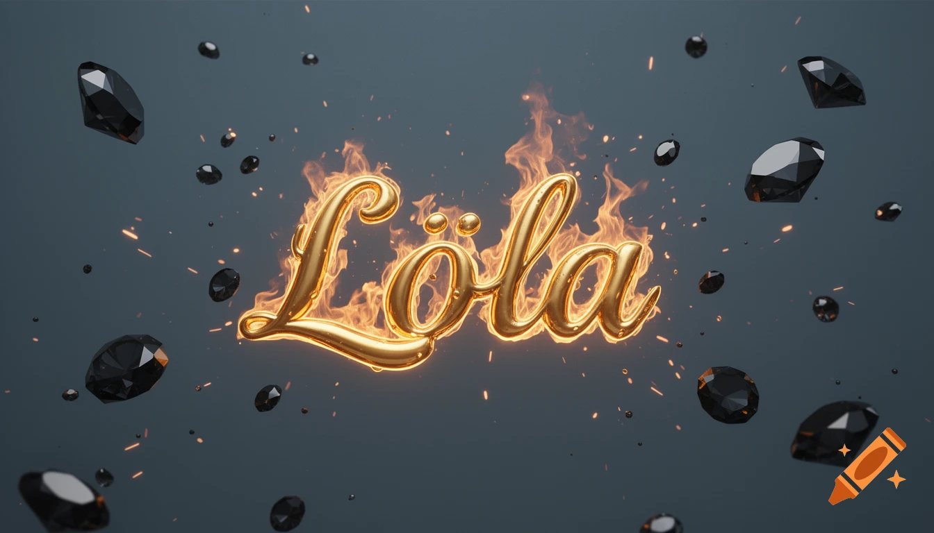 The word 'Löla' in glowing liquid gold engulfed in fire, surrounded by floating black diamonds on a matte gray-blue background, photorealistic.