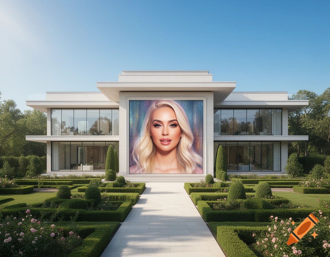 A modern white house with a large portrait of a blonde woman superimposed on its facade, surrounded by a manicured garden under a clear sky.