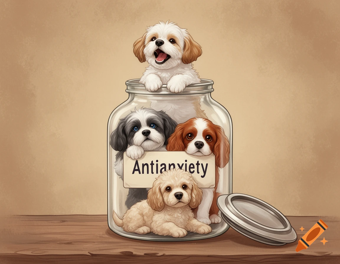 Illustration of four adorable puppies in a glass jar labeled 'Antianxiety' on a wooden surface.