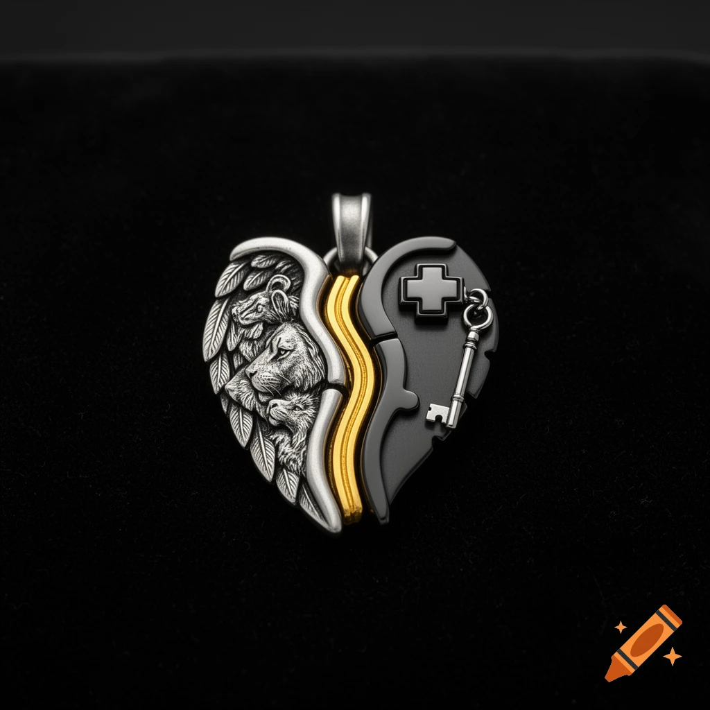 Photorealistic silver and black heart-shaped pendant with lioness, wolf, angel wings, cross, and key, joined by a gold vein.