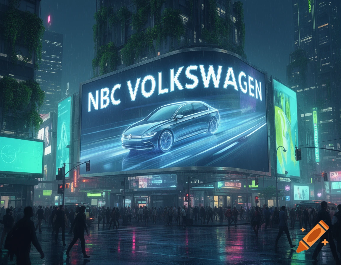 A large glowing billboard displays "NBC VOLKSWAGEN" and a car in a dark, rainy city street at night. People walk on the wet pavement, reflecting neon lights from surrounding buildings and signs.