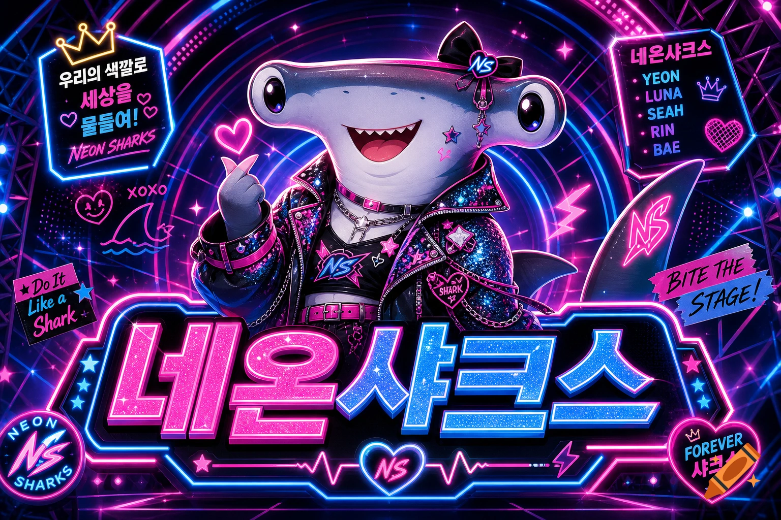 A vibrant, cartoon hammerhead shark in a sparkly jacket makes a heart gesture on a neon K-pop stage sign with text.