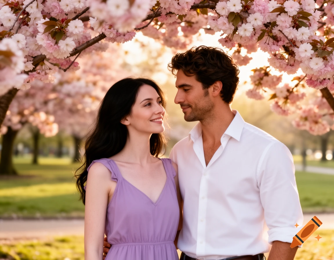 A man and woman smiling at each other under a canopy of pink cherry blossoms with golden light in the background, photorealistic.