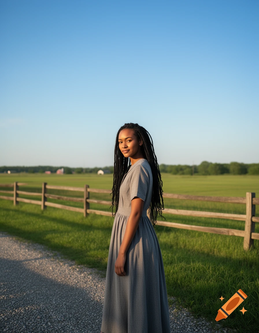 A young woman with dark skin and long dreadlocks smiles, wearing a modest gray dress in a rural field with a wooden fence.