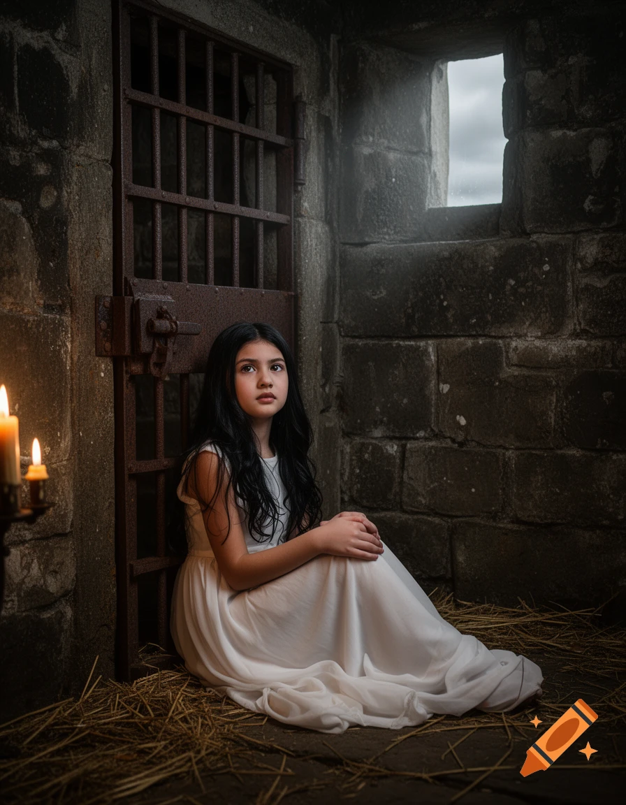 A young girl with long dark hair in a white dress sits on straw in a dark stone dungeon beside a barred door, looking up with sad eyes.