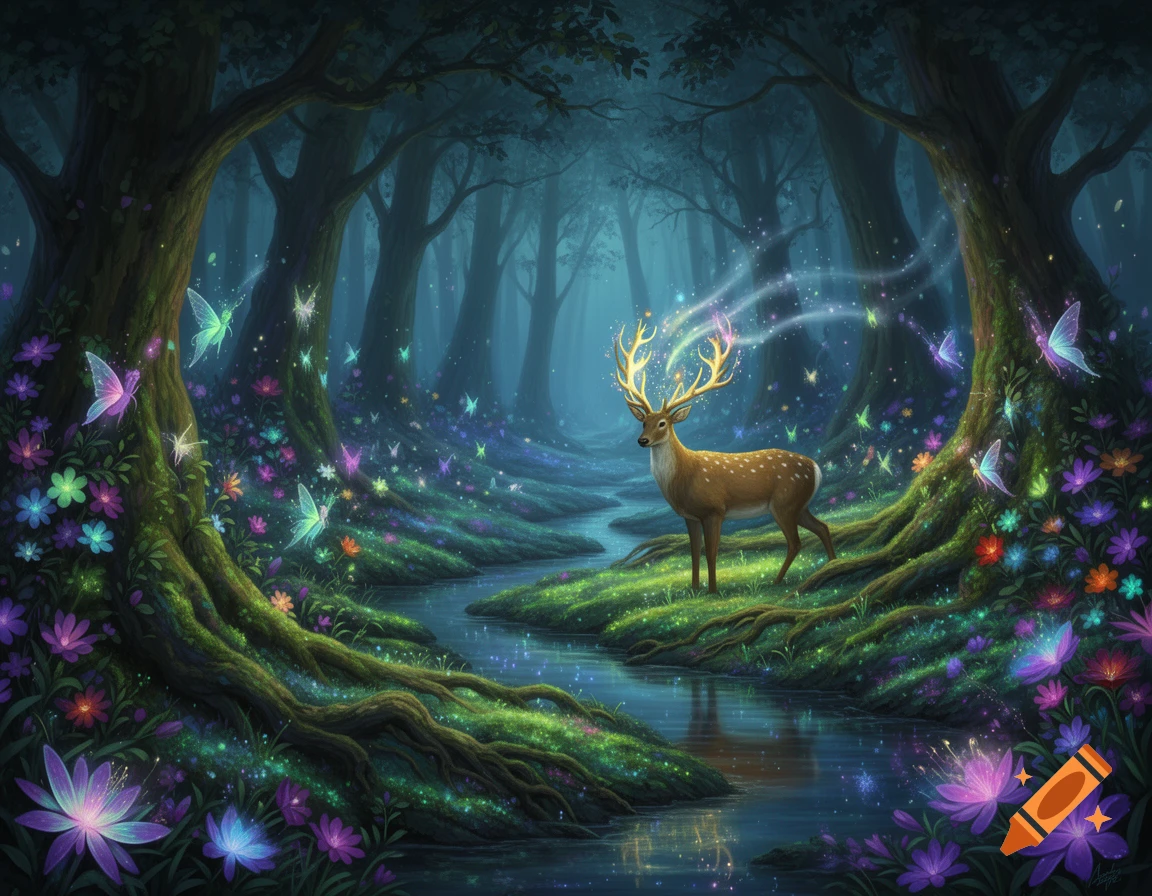 A majestic deer with glowing antlers stands by a magical stream in a mystical forest filled with vibrant, glowing flowers and sparkling butterflies.