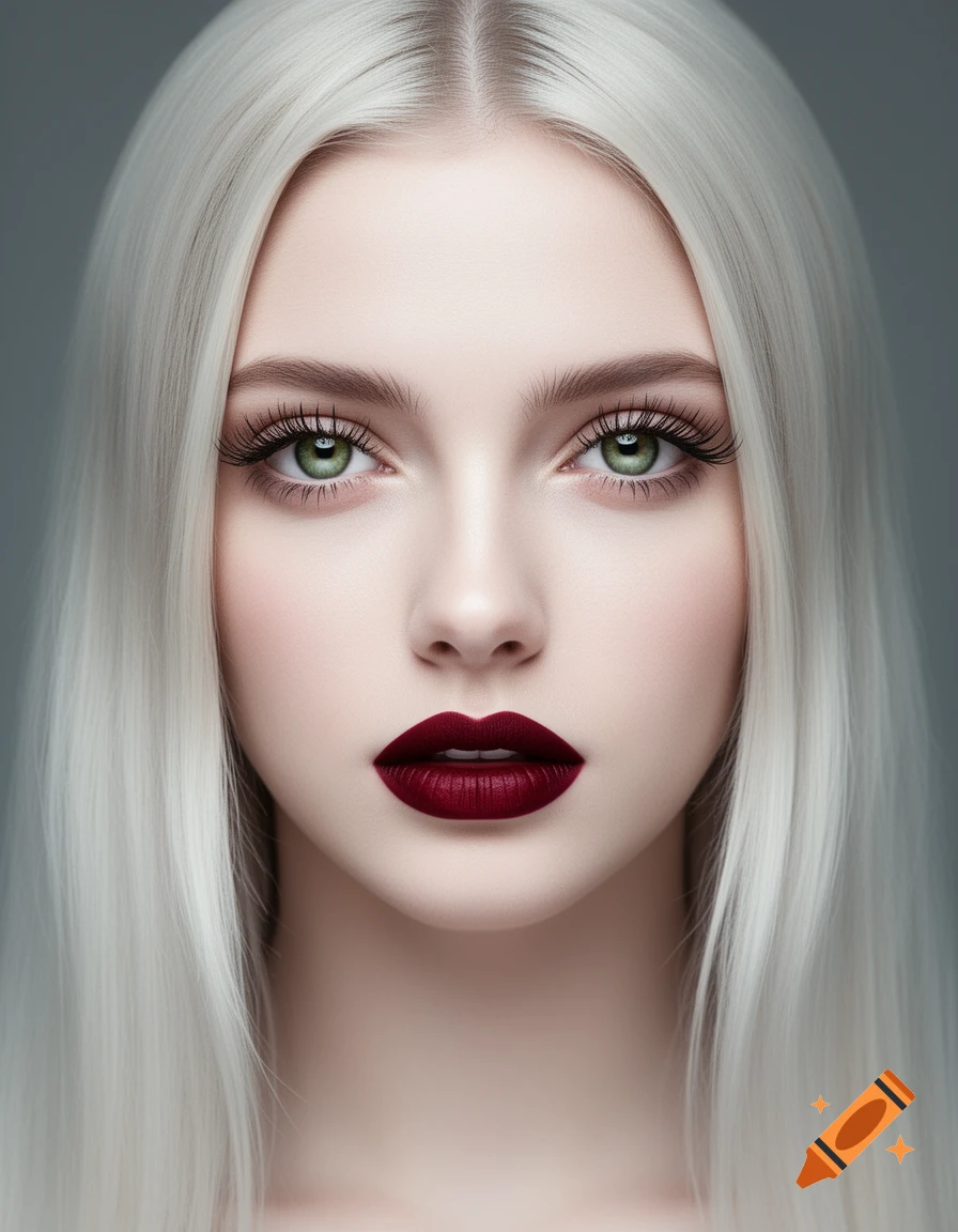 Close-up portrait of a woman with long platinum blonde hair, green eyes, and deep cherry-red lipstick.