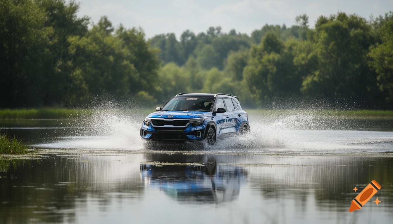 A blue Kia Seltos rally car drives through a small lake, kicking up water splashes in a photorealistic style.