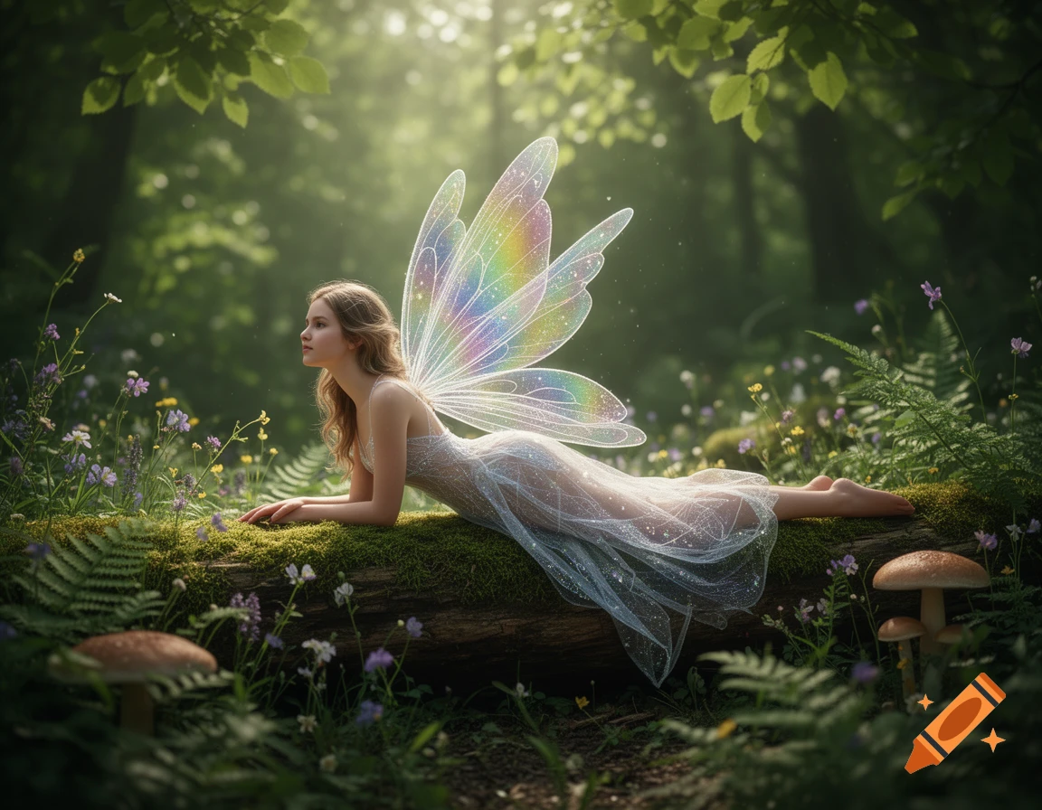 A fairy with iridescent rainbow wings lies gracefully on a moss-covered log in a sun-dappled forest, surrounded by wildflowers.