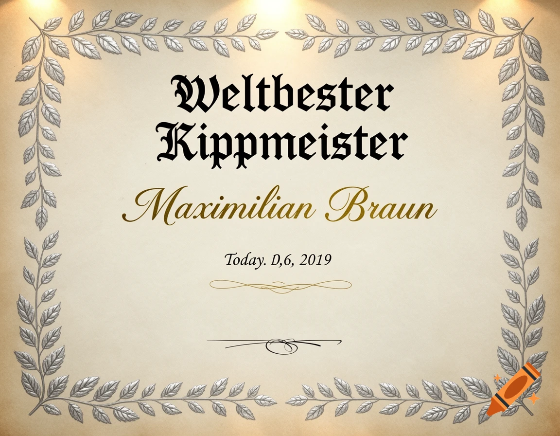 A certificate with a silver leafy border, reading 'Weltbester Kippmeister' and 'Maximilian Braun' in elegant fonts, with the date 'Today. D,6, 2019' below.