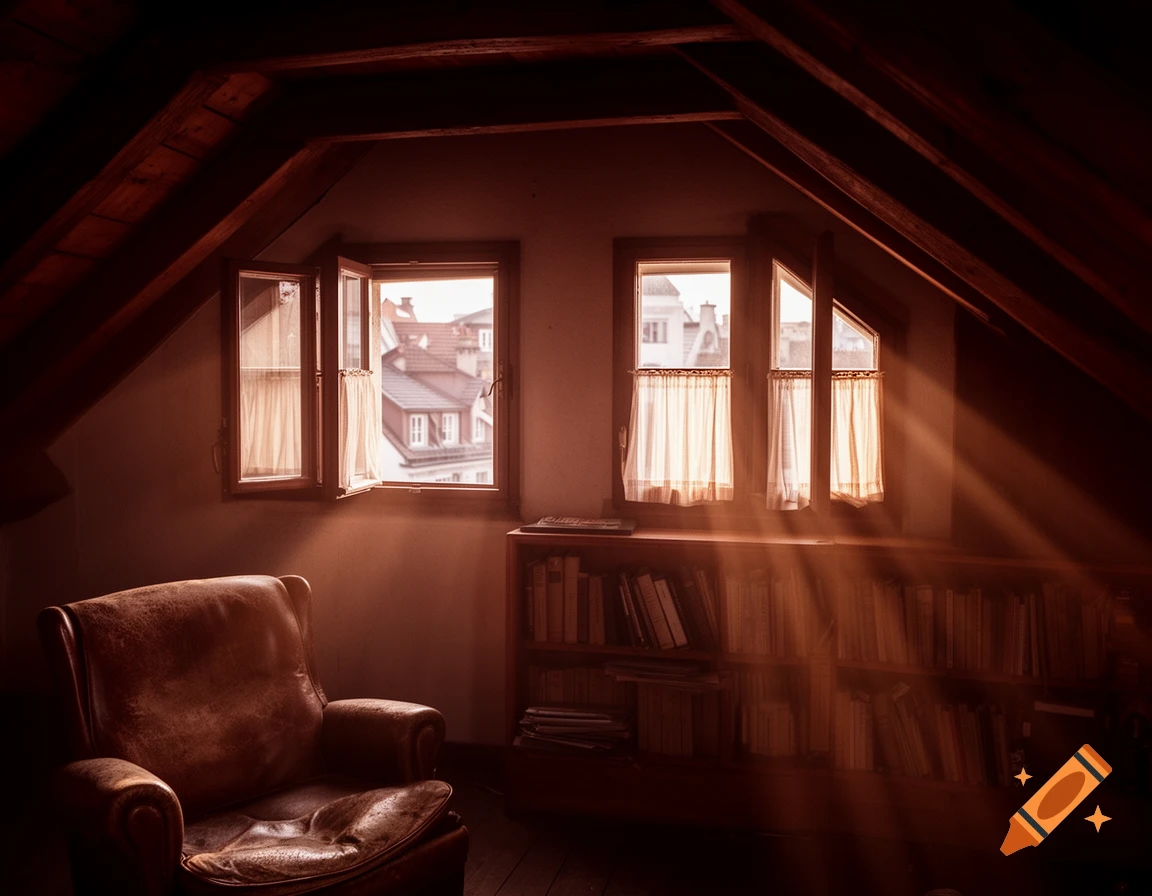 Sunbeams pierce through attic windows, illuminating a worn leather armchair and a bookshelf in a cozy room overlooking rooftops.
