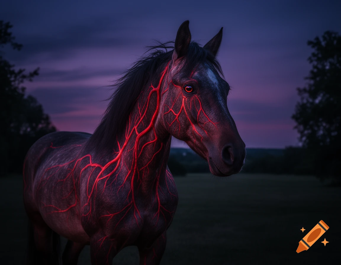 A dark horse with glowing red vein-like patterns across its body stands in a dimly lit field under a purple and pink twilight sky.
