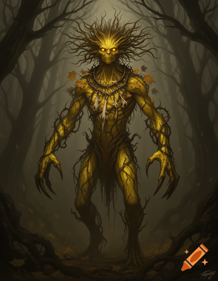A grotesque, yellow tree creature with glowing eyes, sharp claws, and thorny necklaces in a dark forest.
