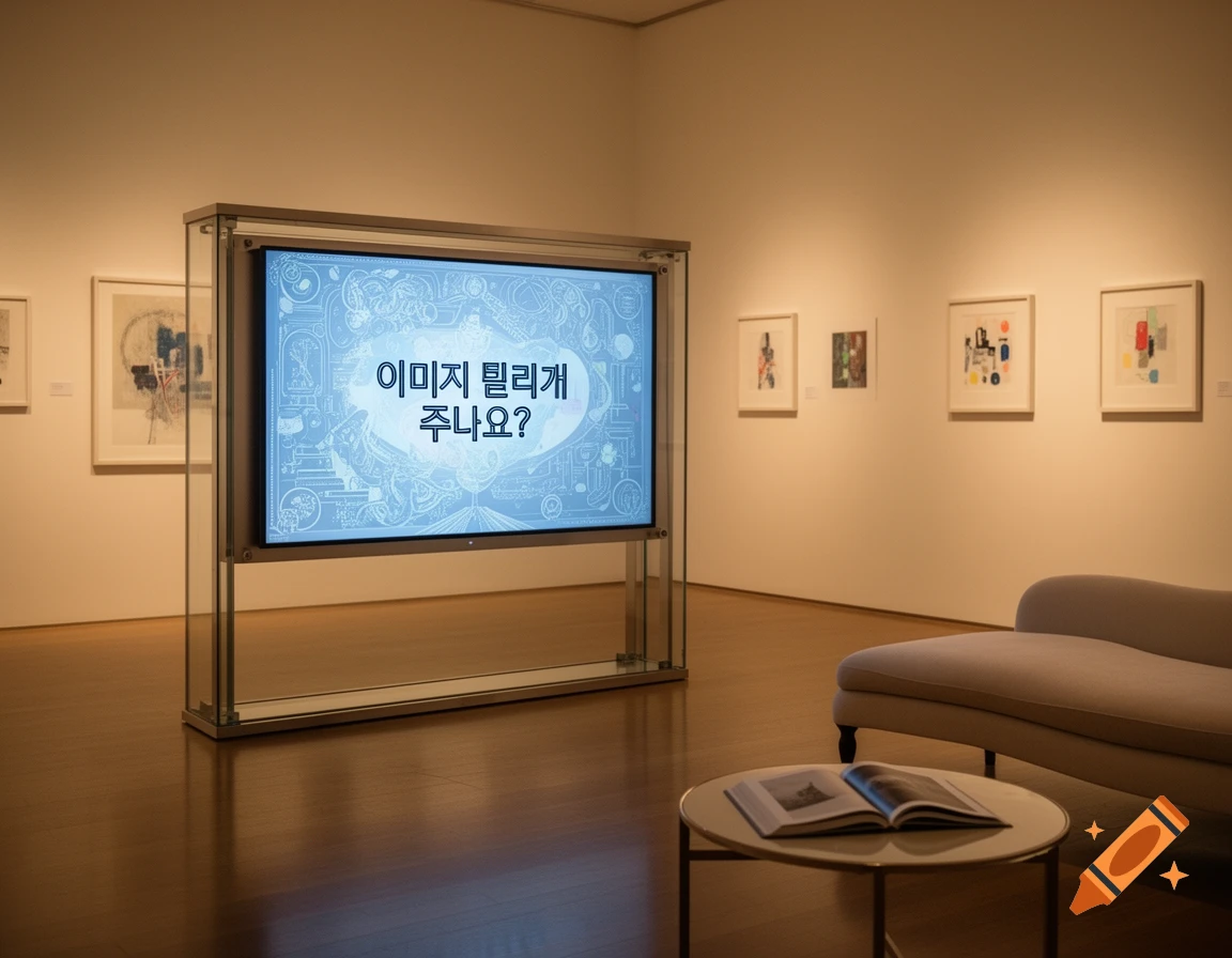A modern art gallery features a large display screen showing Korean text, surrounded by framed artworks on white walls, with a chaise lounge and coffee table in the foreground. The lighting is warm and ambient.