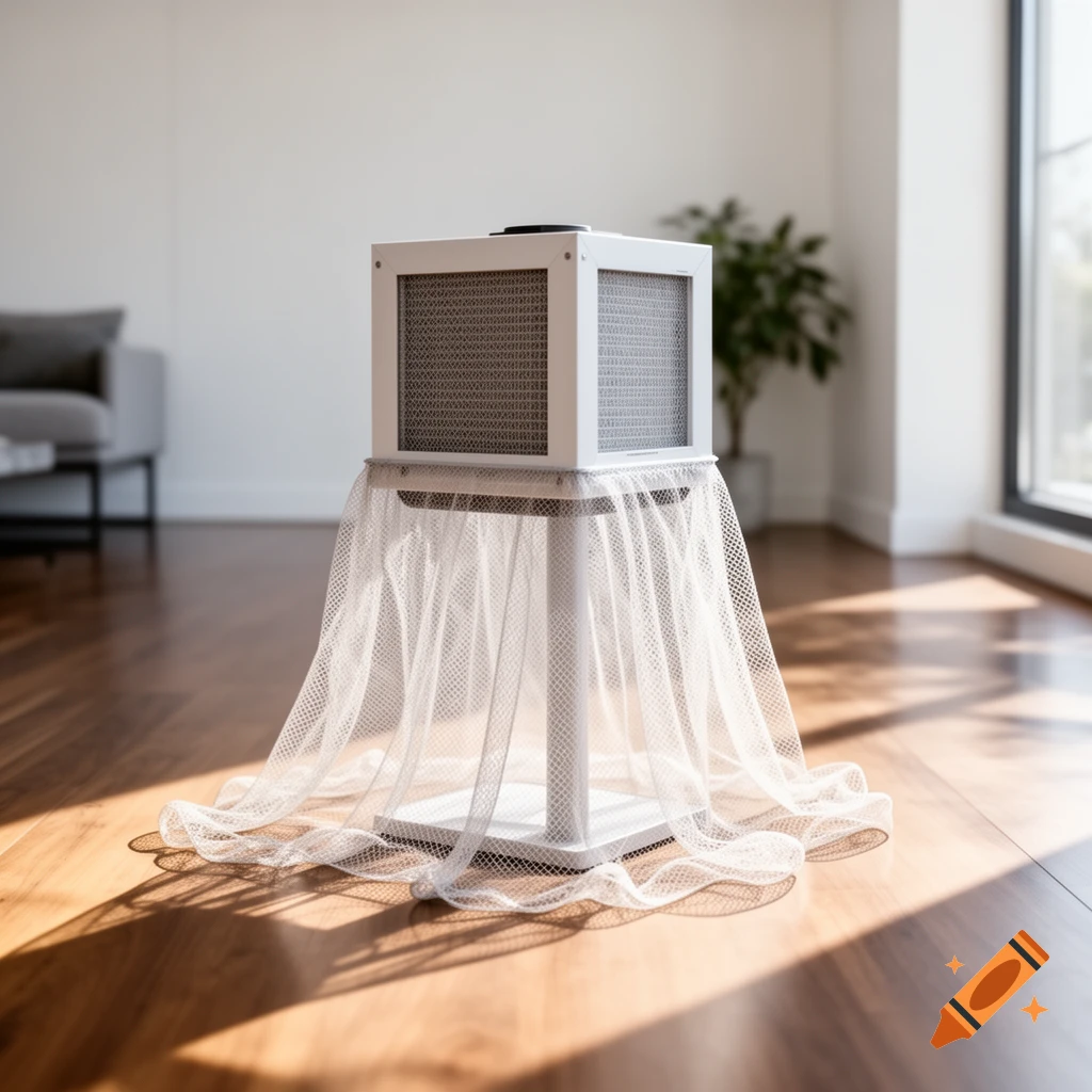 A white cubic object with a mesh skirt stands on a wooden floor in a bright, minimalist room with a large window and a plant.