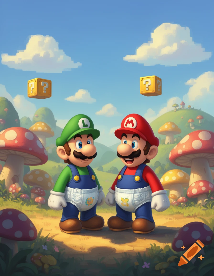 Mario and Luigi in diapers stand in a vibrant Super Mario Bros. landscape with mushroom houses, pixelated clouds, and floating question blocks.