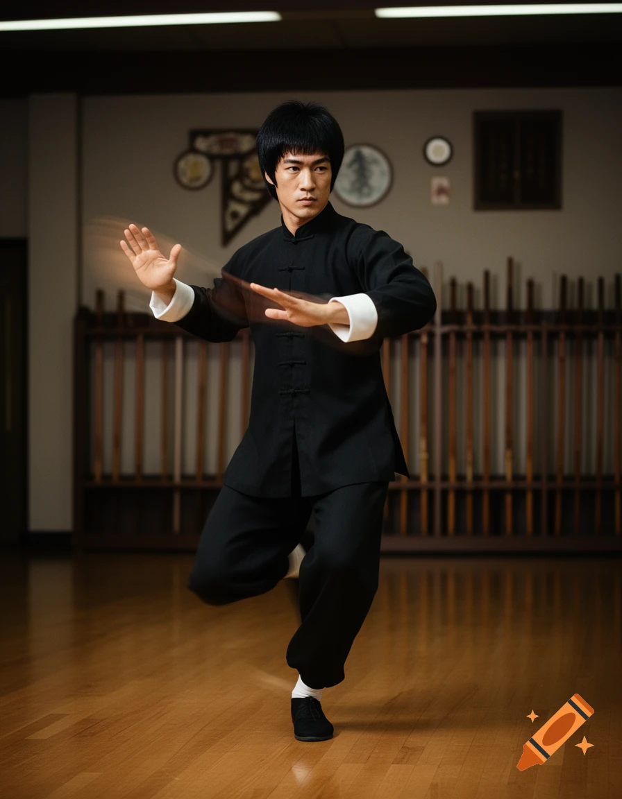 Photorealistic image of Bruce Lee in a black martial arts uniform, balancing on one leg with hands blurred from motion in a dojo.