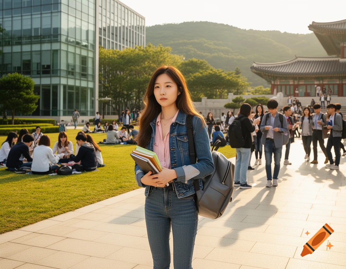 Young woman with books and a backpack on a university campus, with other students and buildings in the background.