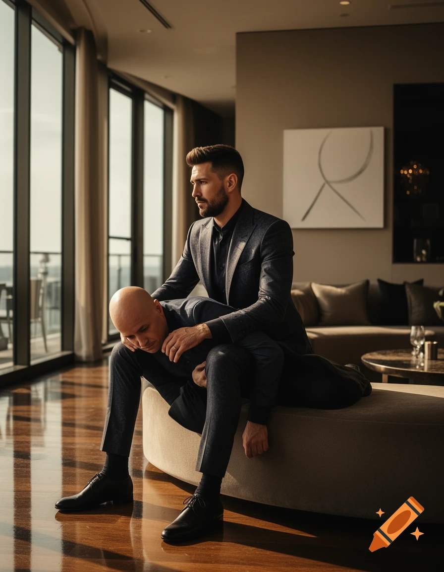 Two men in suits in a modern apartment, one sitting on the other's lap, looking thoughtful. Photorealistic.