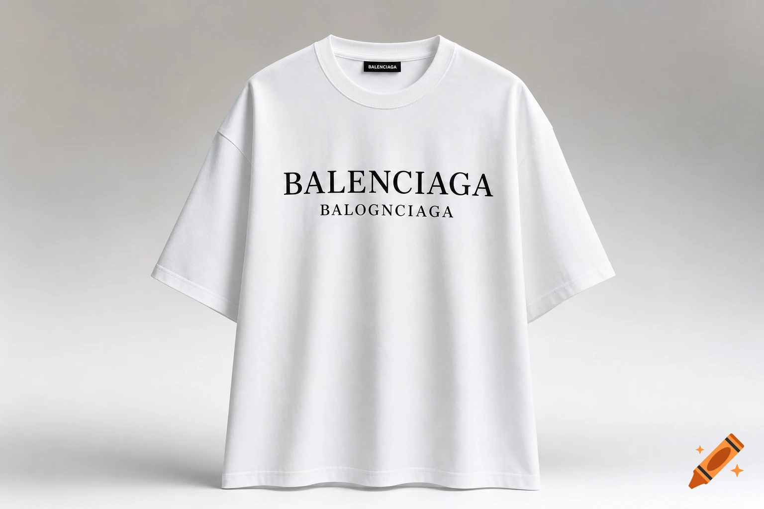 A photorealistic white Balenciaga t-shirt with 'BALENCIAGA' and 'BALOGNCIAGA' printed in black on the front.