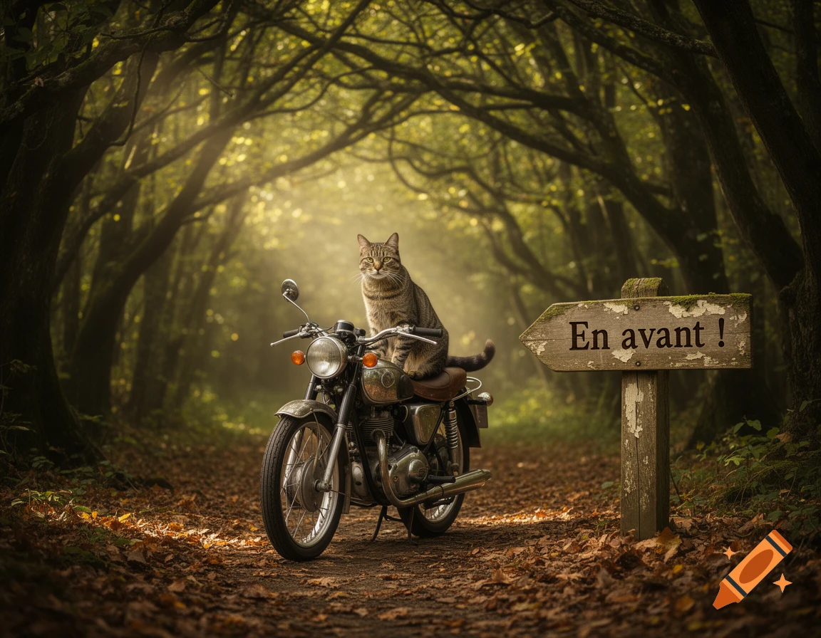 A tabby cat sits on a vintage motorcycle on a dirt path in a sun-dappled forest, next to a wooden sign reading "En avant!"