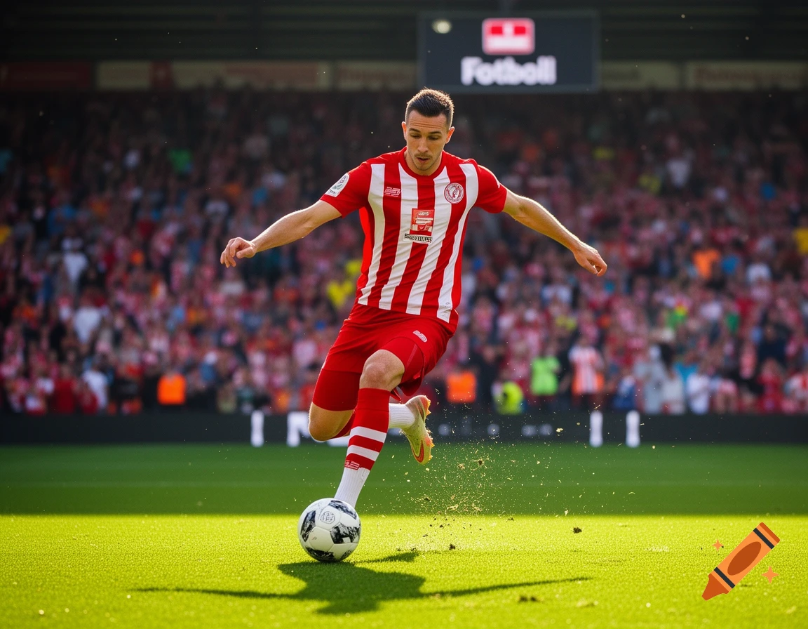 A male soccer player in a red and white striped uniform kicks a soccer ball on a green field in a stadium.
