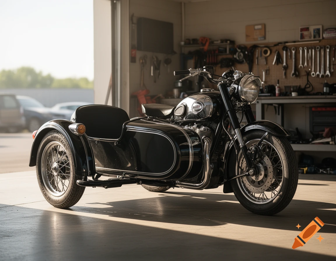 A vintage black motorcycle with a sidecar parked in a sunlit garage, surrounded by tools and equipment on the walls and shelves.