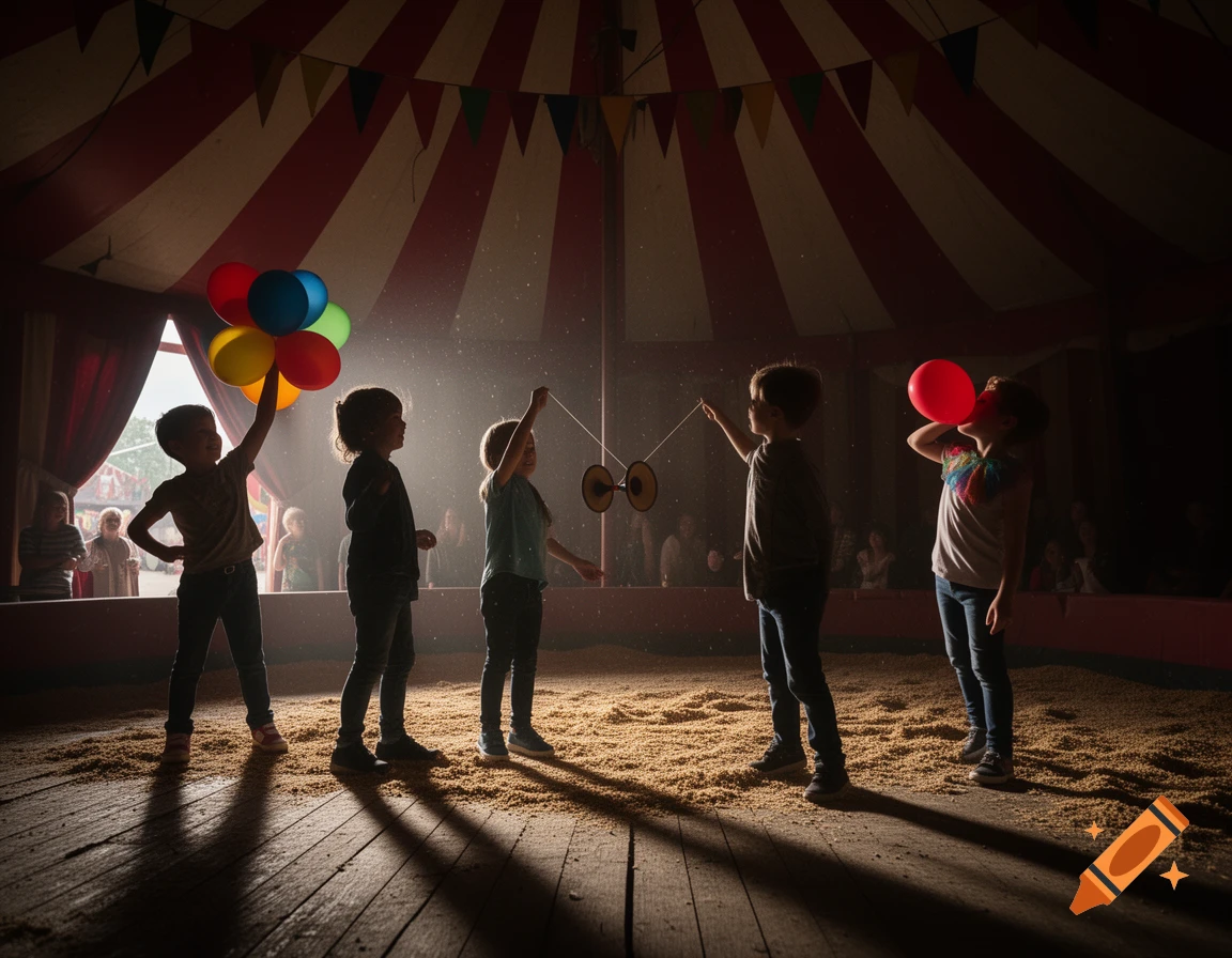 Children play with colorful balloons and a diabolo inside a dimly lit circus tent, illuminated by spotlights.