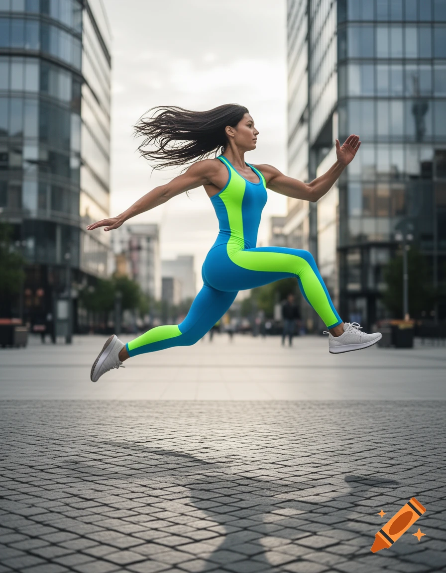 A woman in a blue and neon green athletic suit leaps through an urban plaza with modern glass buildings in the background.