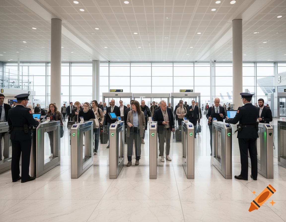 A modern, bright airport terminal with travelers passing through automated immigration gates, observed by security personnel.