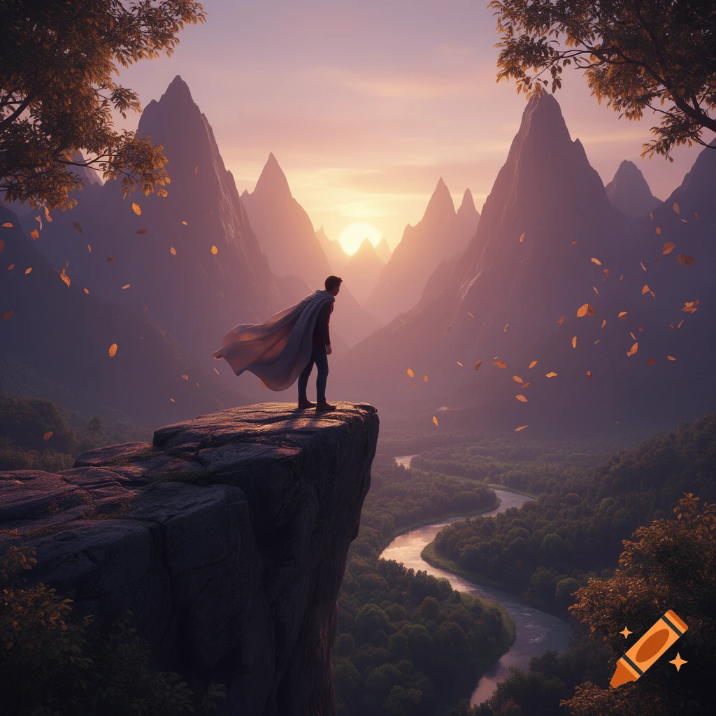 A person in a flowing cape stands on a cliff, gazing at a mountain valley with a river during sunset, with falling leaves.