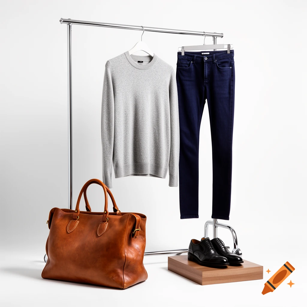 Men's fashion: a grey sweater, dark blue jeans, brown leather duffel bag, and black dress shoes displayed on a rack and stand.