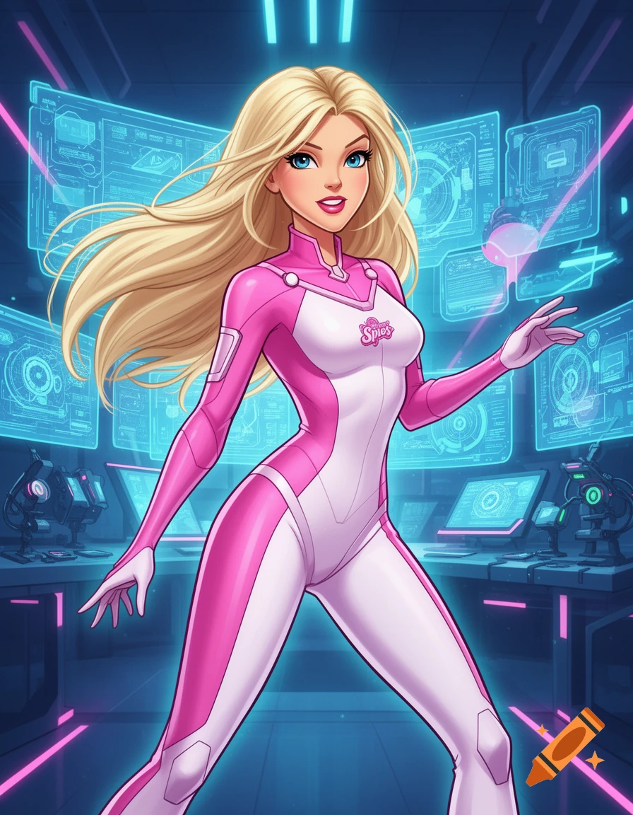 Anime-style blonde woman in a pink and white spy suit stands in a futuristic blue and pink command center.