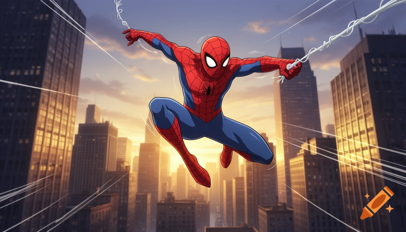 Spider-Man swings through a city at sunset in a vibrant comic art style.