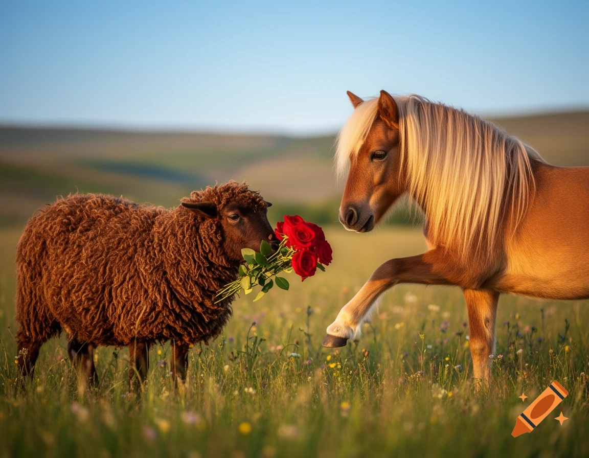 A brown sheep offers a bouquet of red roses to a blonde horse in a sunny, green field.