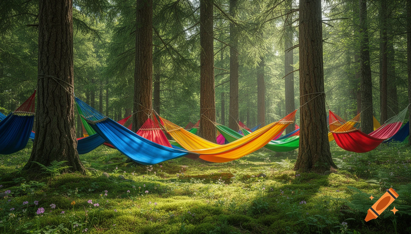 Photorealistic scene of many colorful hammocks strung between pine trees in a sunlit, lush forest.