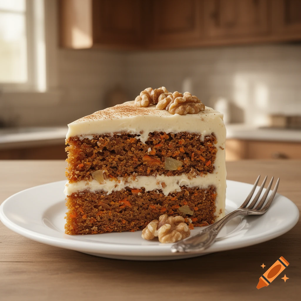 A photorealistic slice of carrot cake with cream cheese frosting, walnuts, and cinnamon dusting, on a white plate with a fork.