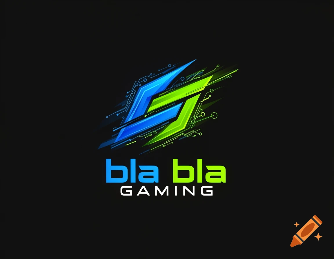 Modern gaming logo with blue and green 'bla bla GAMING' text and circuit board elements on a black background.